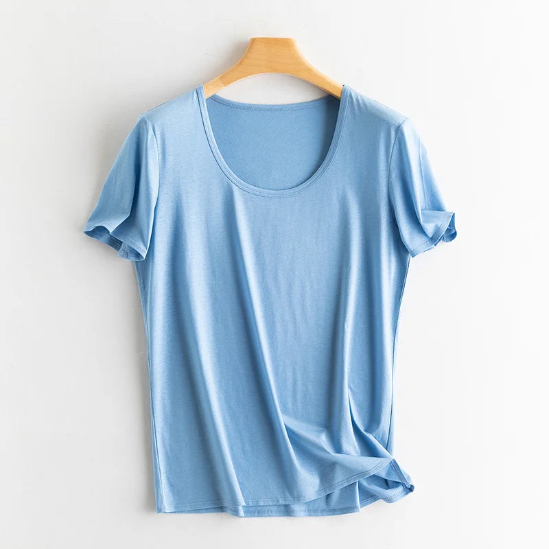 Eesswel Women's V-Neck Silk-Blend T-Shirt | Soft Breathable Summer Tee | Casual Short Sleeve Solid Top – Multiple Colors