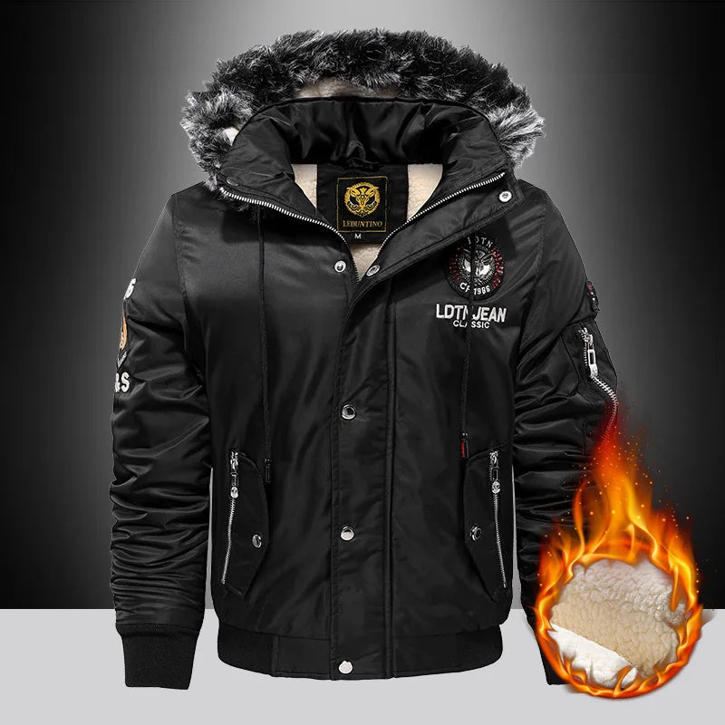 Men's Raw Edge Hooded Aviator Jacket - Winter Warmth with Embroidered Style.