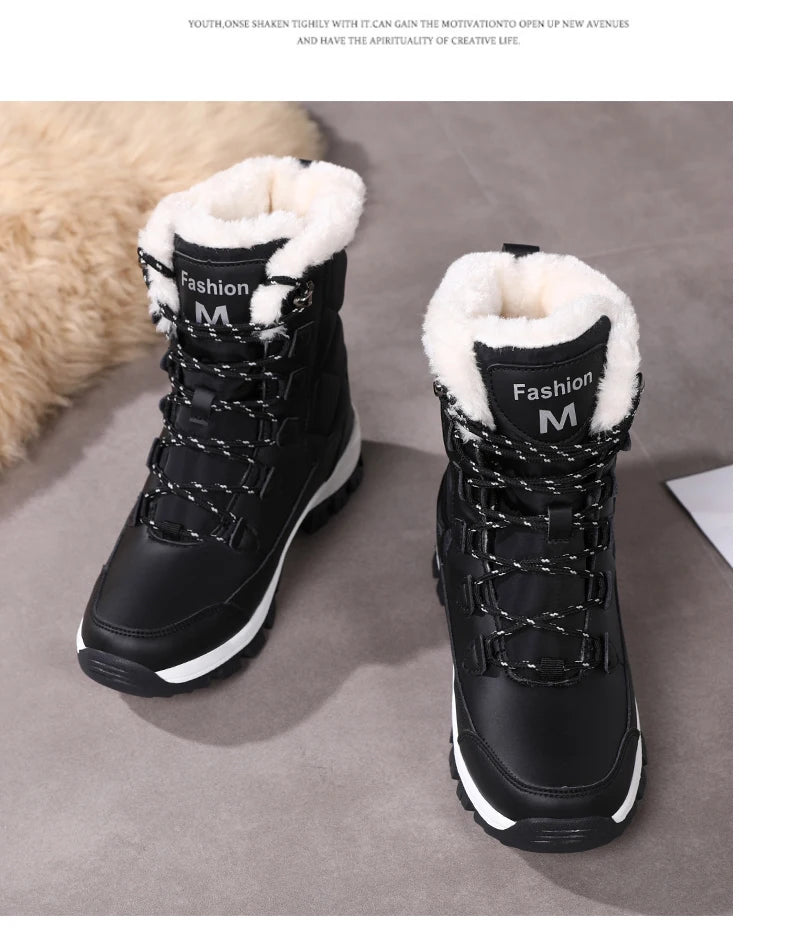 Women's Plush-Lined Waterproof Snow Boots - High-Top Winter Hiking Ankle Boots