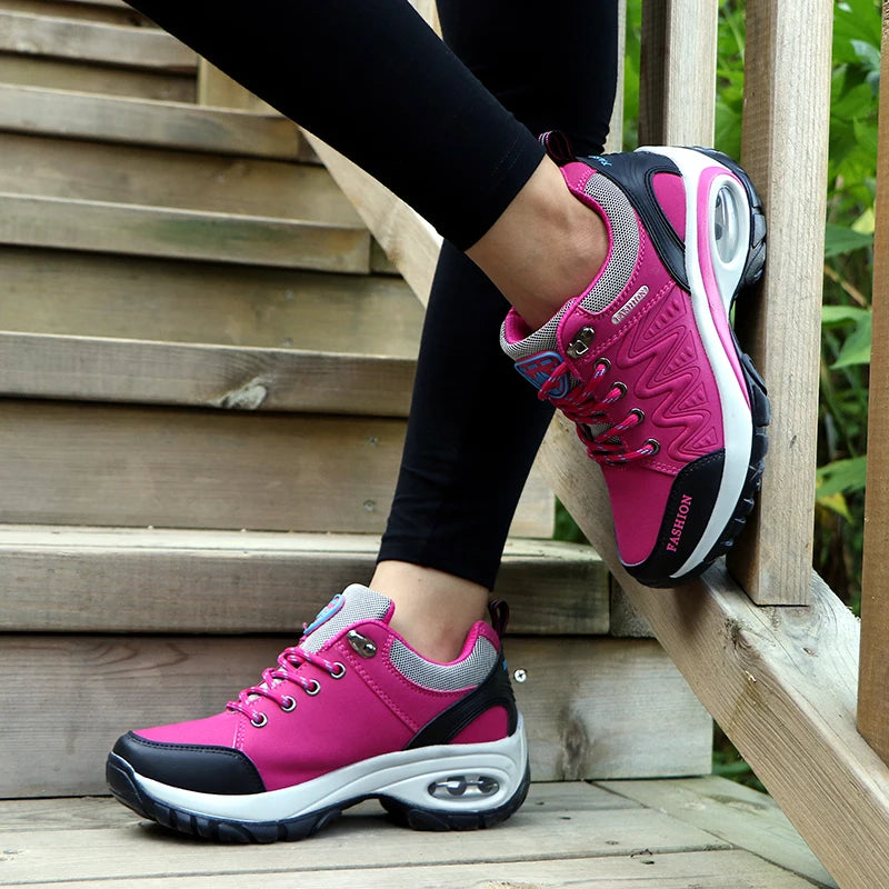 Women's Air Cushion Platform Sneakers - Waterproof Breathable Outdoor Athletic Shoes - Comfortable Lace-Up Hiking Sneakers