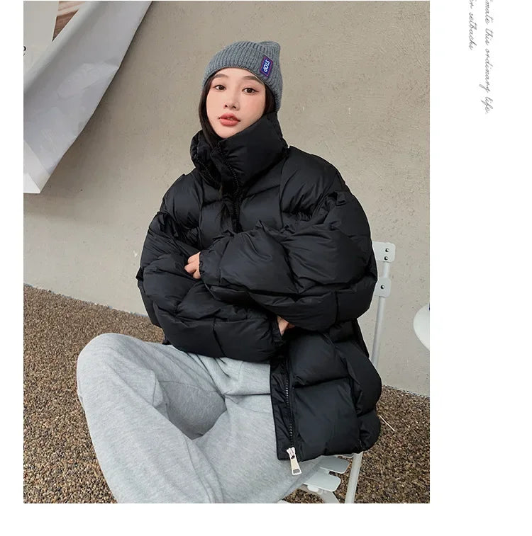 Women's Oversized Puffer Jacket - Warm Cotton Filled Winter Coat with Stand Collar