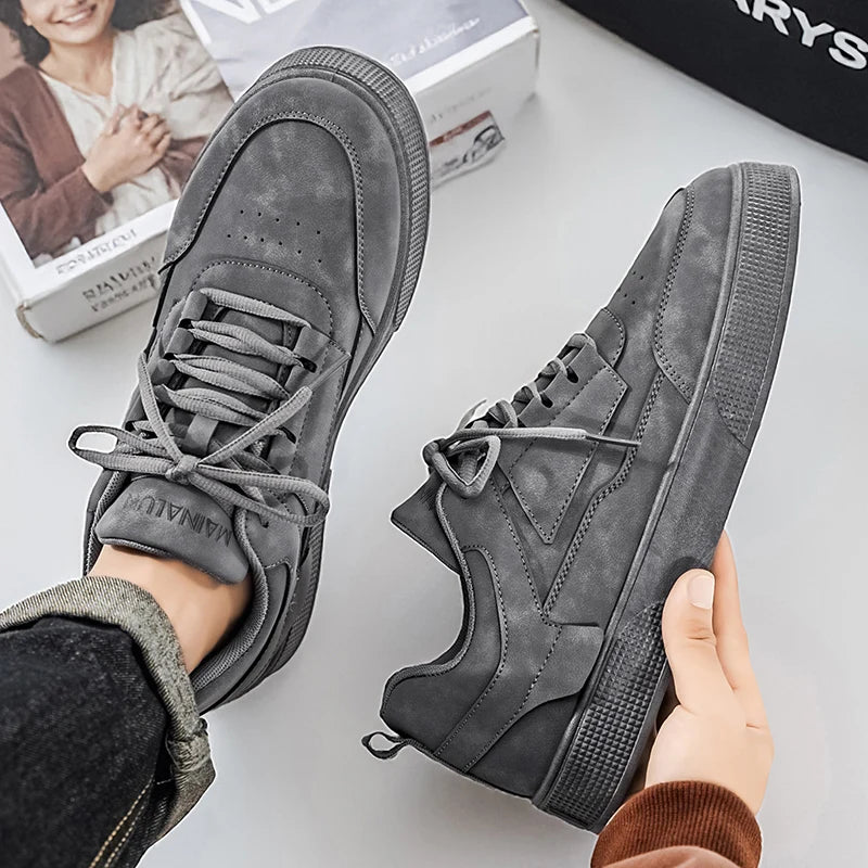 Men's Retro Skate Sneakers – Breathable Mesh Lining, Wear-Resistant Artificial Leather Lace-Up Shoes | White, Black & Grey | Spring/Autumn