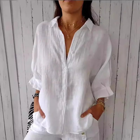 Women's Cotton Linen Button-Up Shirt - Casual Loose Fit Blouse for Summer