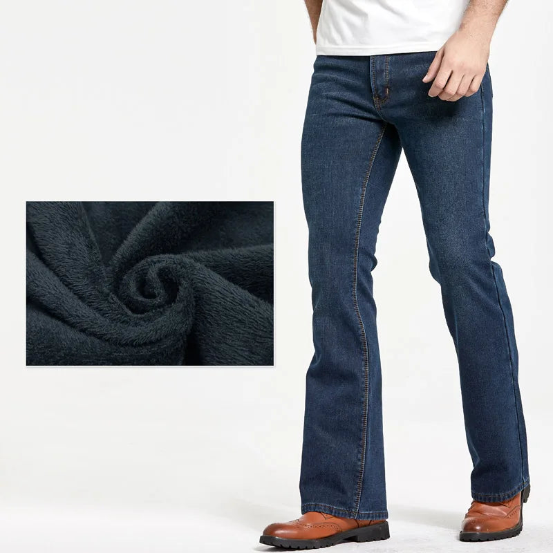 Men's Winter Stretch Fleece Jeans: Warm & Stylish Boot Cut.