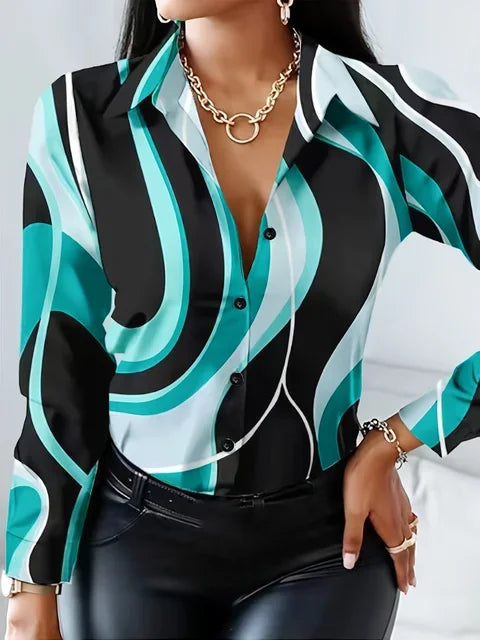 Women's Bold Striped Print Shirt - Long Sleeve Button-Up Blouse for Spring Summer