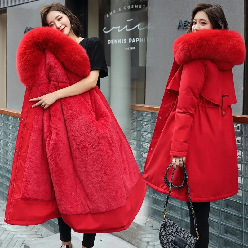 Women's Luxe Winter Parka: Thick Padded Coat with Wool Liner & Fur-Trimmed Hood-Stylish Snow Wear in Cotton-Polyester Blend.