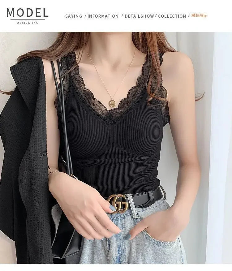 Women's Sleek & Stylish Thermal Lace Vest with Padded Bra for Winter Warmth.