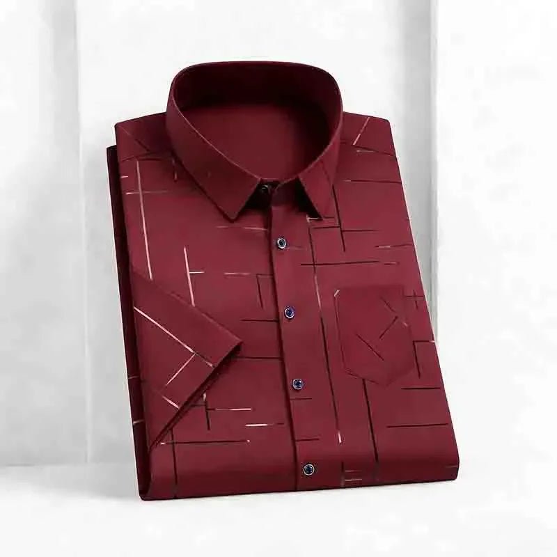 Men's 2026 Geometric Line Print Shirt Short Sleeve with Chest Pocket | 100% Cotton Button-Up Business Casual Daily Office Fashion Top.