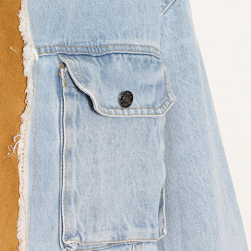 Women's Winter Denim Spliced Hooded Lamb Wool Jacket for Women-Thick Cotton Outwear with Double Pockets & Single-Breasted Closure.