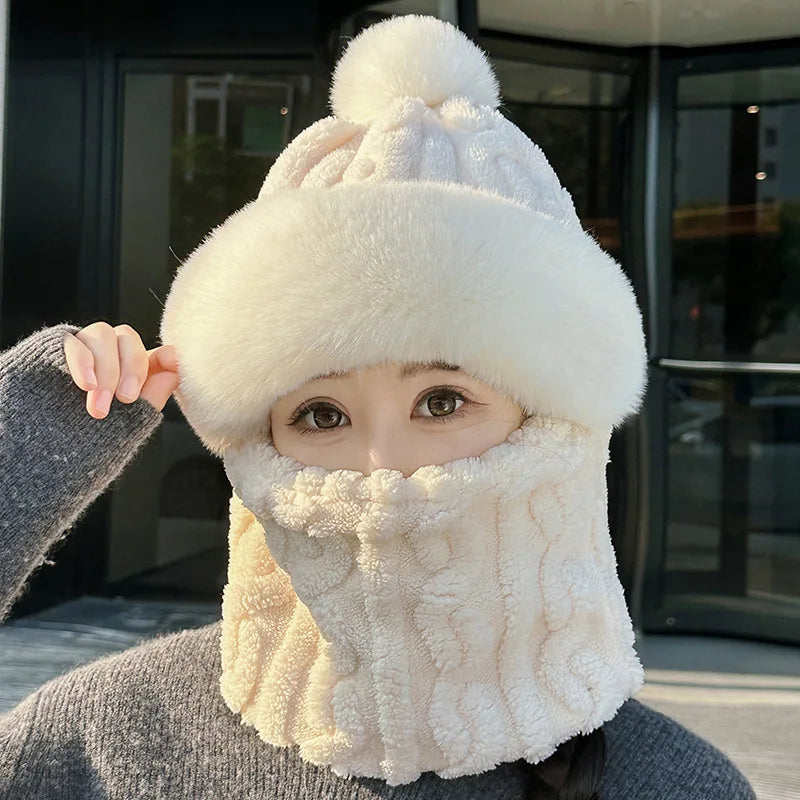Women's Winter Pom Pom Beanie Hat Scarf Mask - One-Piece Fleece Bonnet