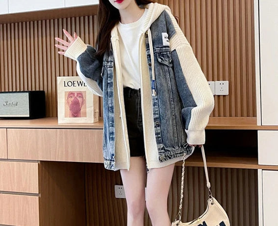 Women's Chic Black Denim Jacket-Winter 2024 Hooded Graphic Outerwear.