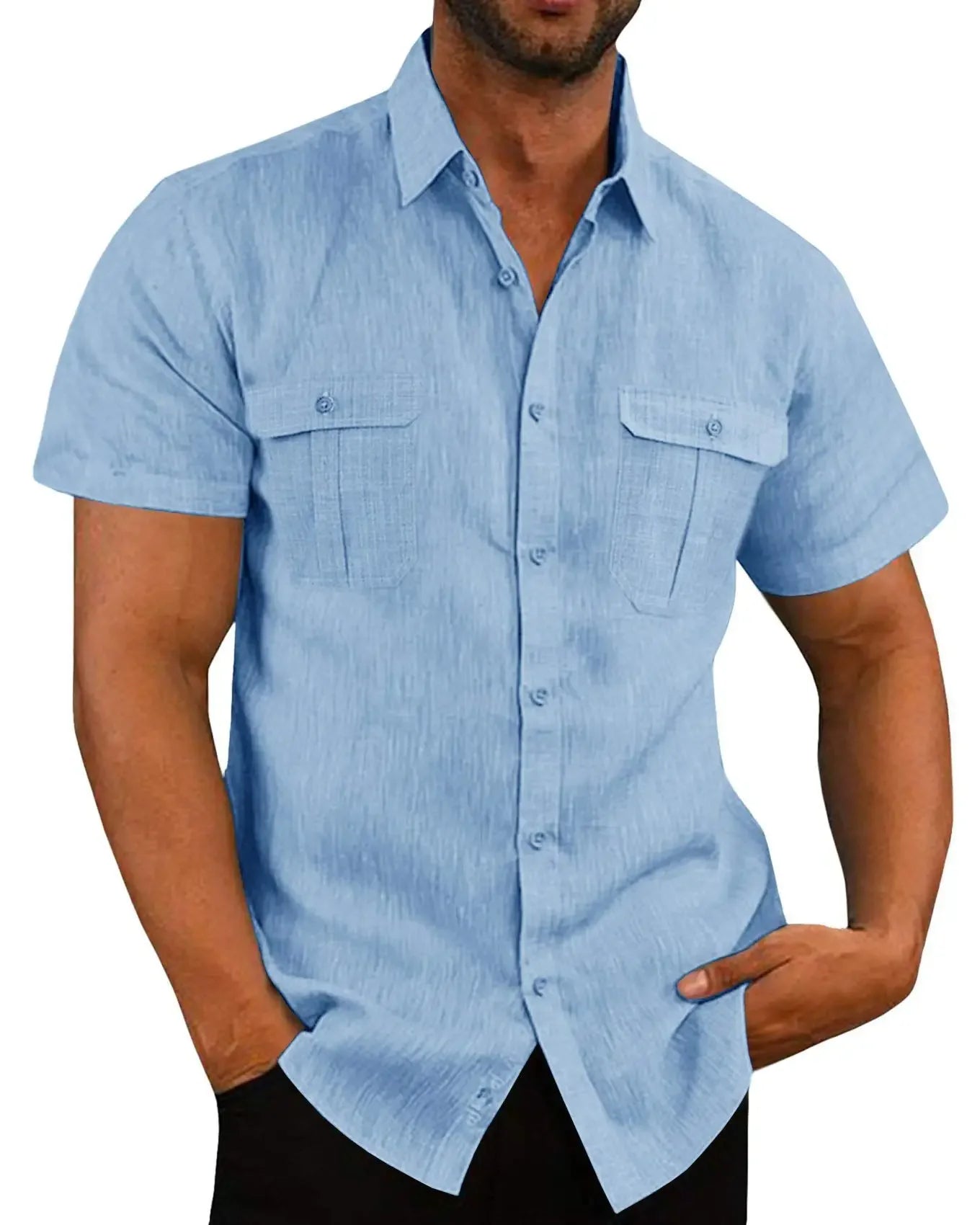 DFKDZG Men's Linen Blend Short-Sleeve Casual Button-Down Shirt | Breathable Summer Beach Style, Plus Size M–4XL