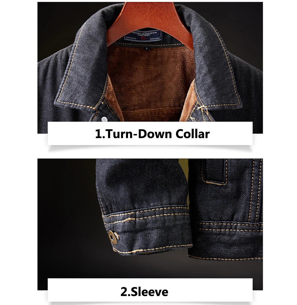 Men's Retro Denim Jacket - Warm Fleece-Lined Punk Streetwear Coat for Winter Adventures.