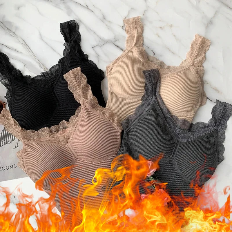 Women's Sleek & Stylish Thermal Lace Vest with Padded Bra for Winter Warmth.