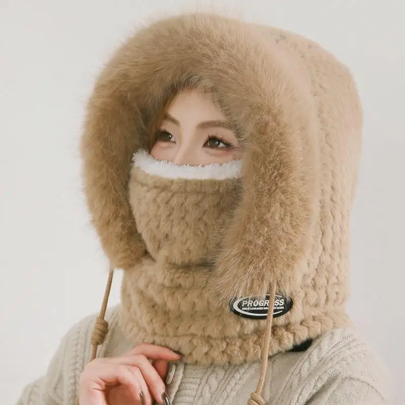 Women's Winter Plush Hood Hat - Windproof Thermal Scarf Mask Cap
