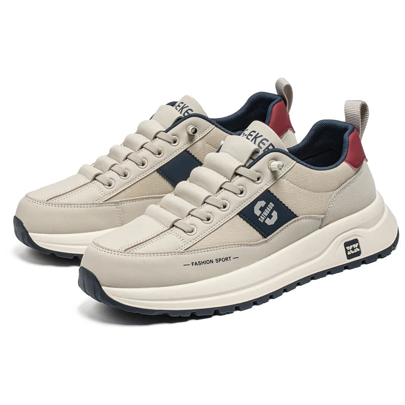 Men's Bonded Leather Lace-Up Casual Sneakers – Breathable Comfort, Non-Slip Rubber Outsole | Fashion Running Style | Black, Beige & Grey | Spring/Autumn