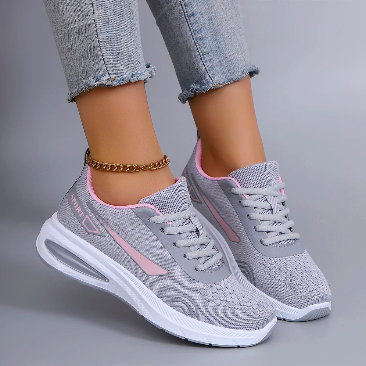 Women's Air Cushion Lace-Up Sneakers – Breathable Mesh Color-Block Running Style Shoes with Rubber Sole