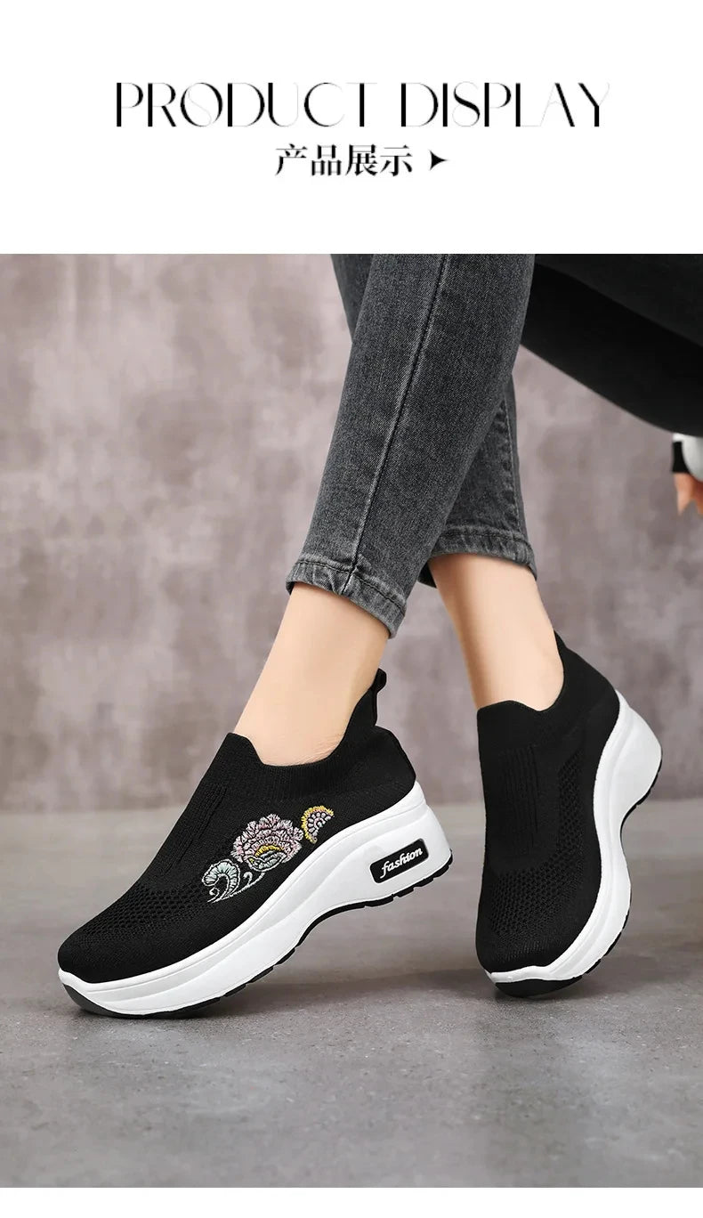 Women's Floral Embroidered Platform Slip-On Sneakers – Lightweight Mesh Walking Shoes with Cushioned Sole