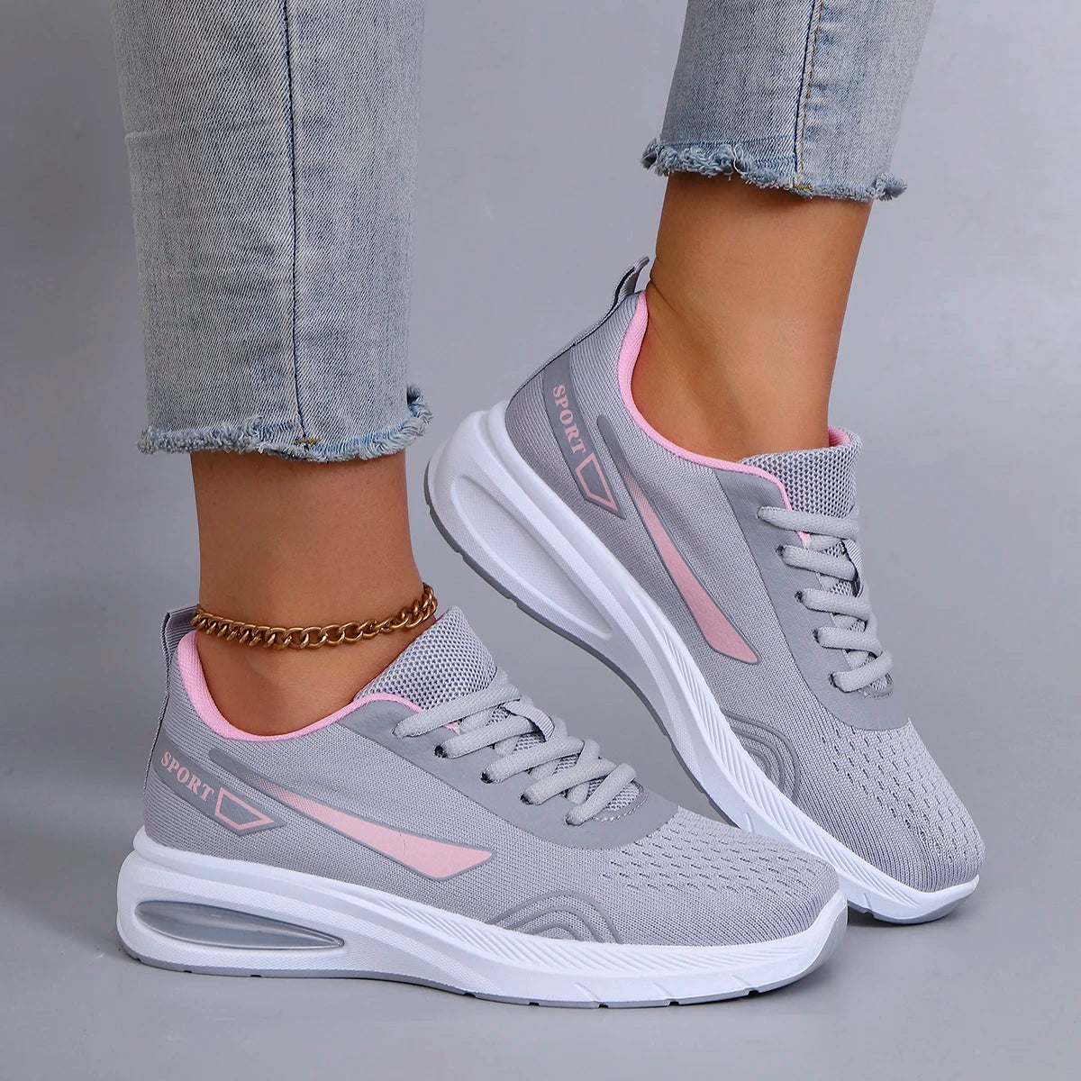 Women's Air Cushion Lace-Up Sneakers – Breathable Mesh Color-Block Running Style Shoes with Rubber Sole