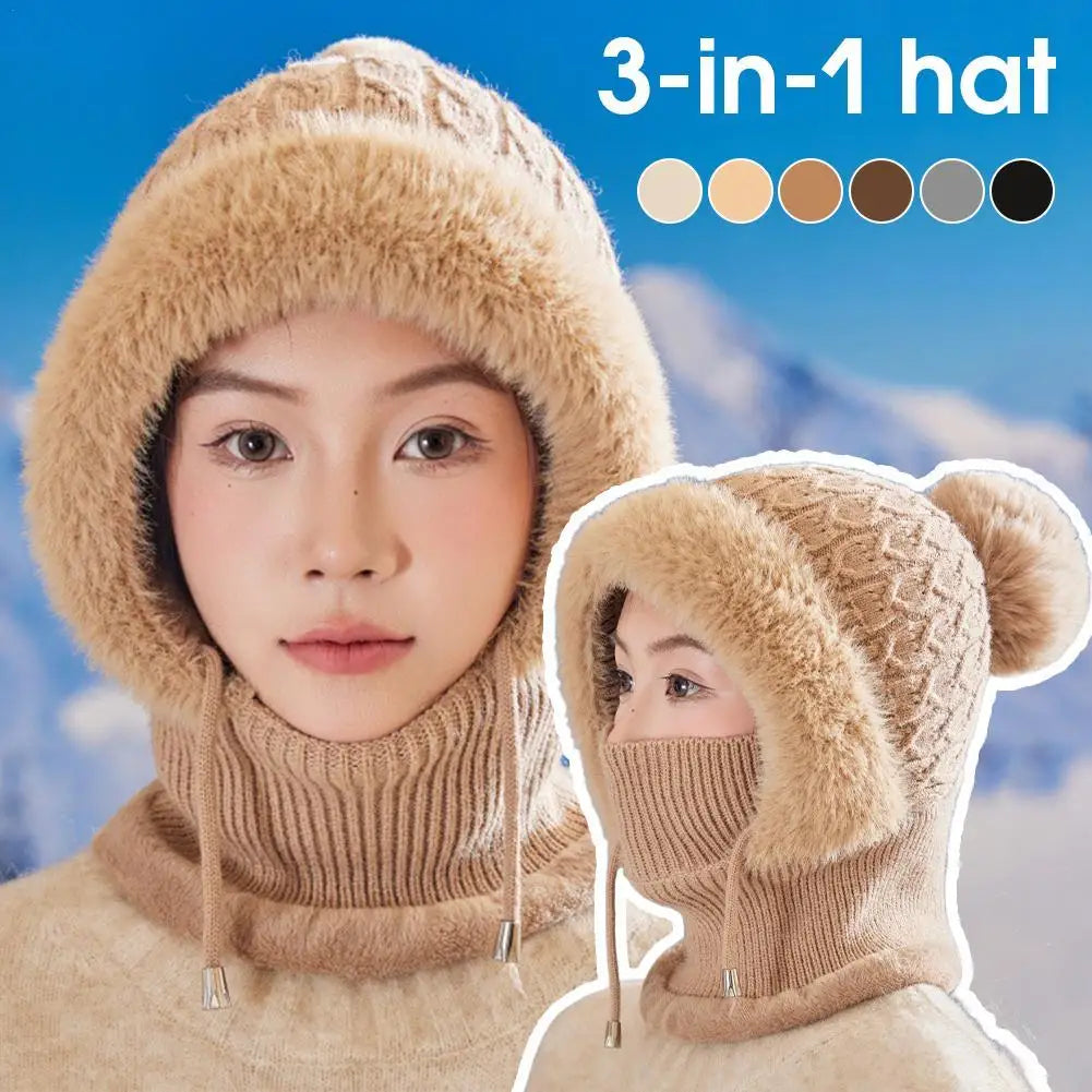 Women's 3-in-1 Winter Beanie Scarf Mask Set - Windproof Plush-Lined Faux Fur