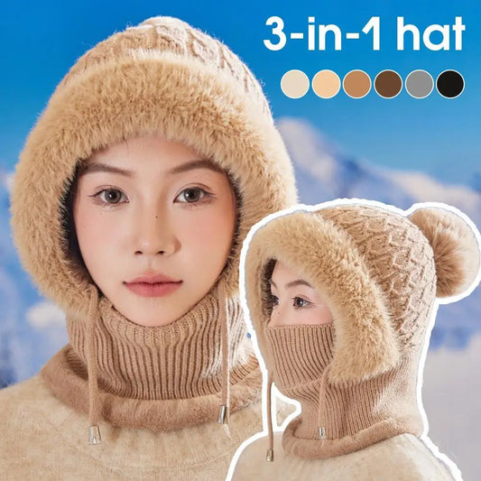 Women's 3-in-1 Winter Beanie Scarf Mask Set - Windproof Plush-Lined Faux Fur