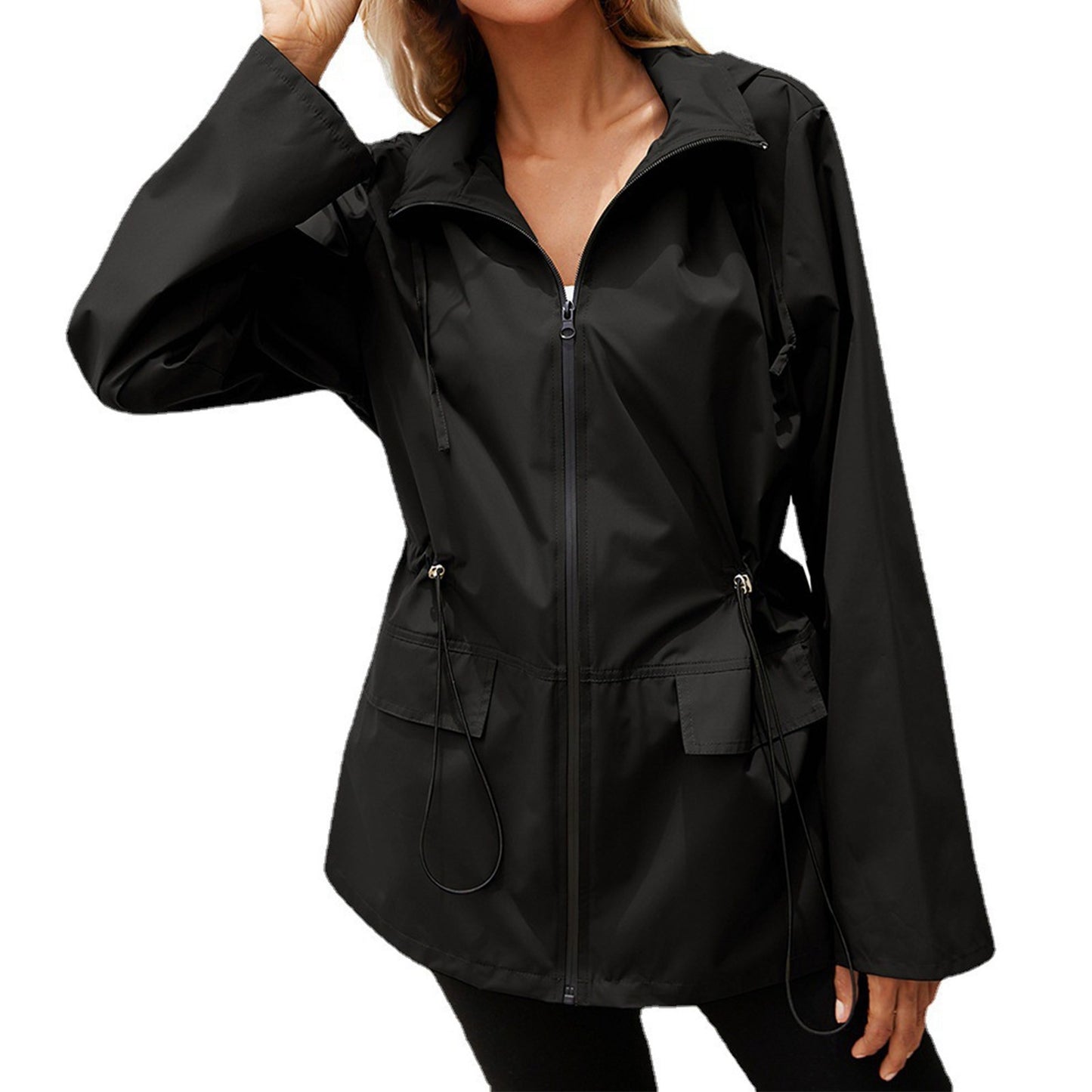 Women's Asymmetric Hooded Windproof Jacket — Plus Size Streetwear Zip-Up Coat with Flare Sleeves