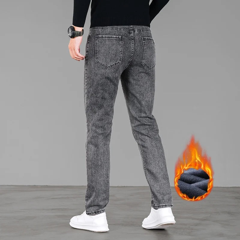 Men's Winter Fleece Lined Jeans - Warm Black Loose Fit"