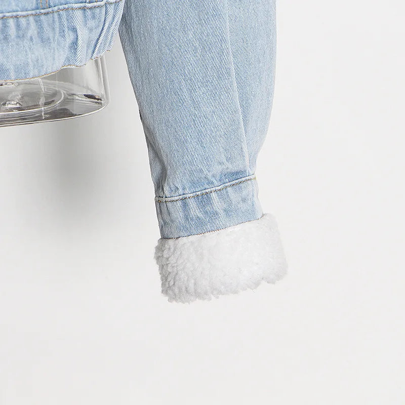 Women's Winter Denim Spliced Hooded Lamb Wool Jacket for Women-Thick Cotton Outwear with Double Pockets & Single-Breasted Closure.