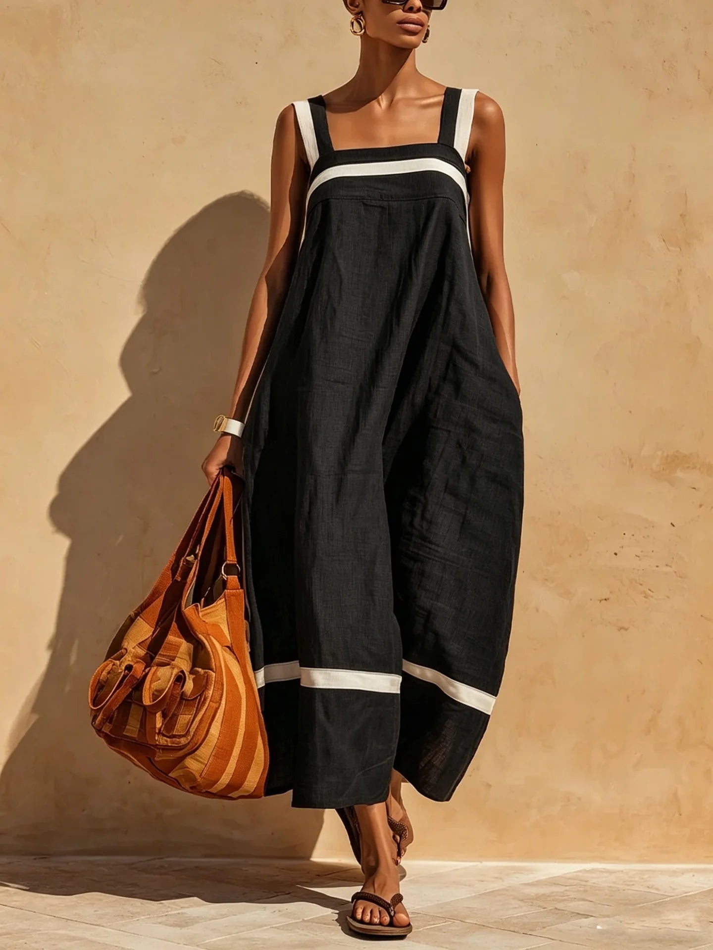 Women's Loose Suspender Dress with Pockets | Solid A-Line Midi Dress | Casual Summer Sleeveless Square Neck Sundress