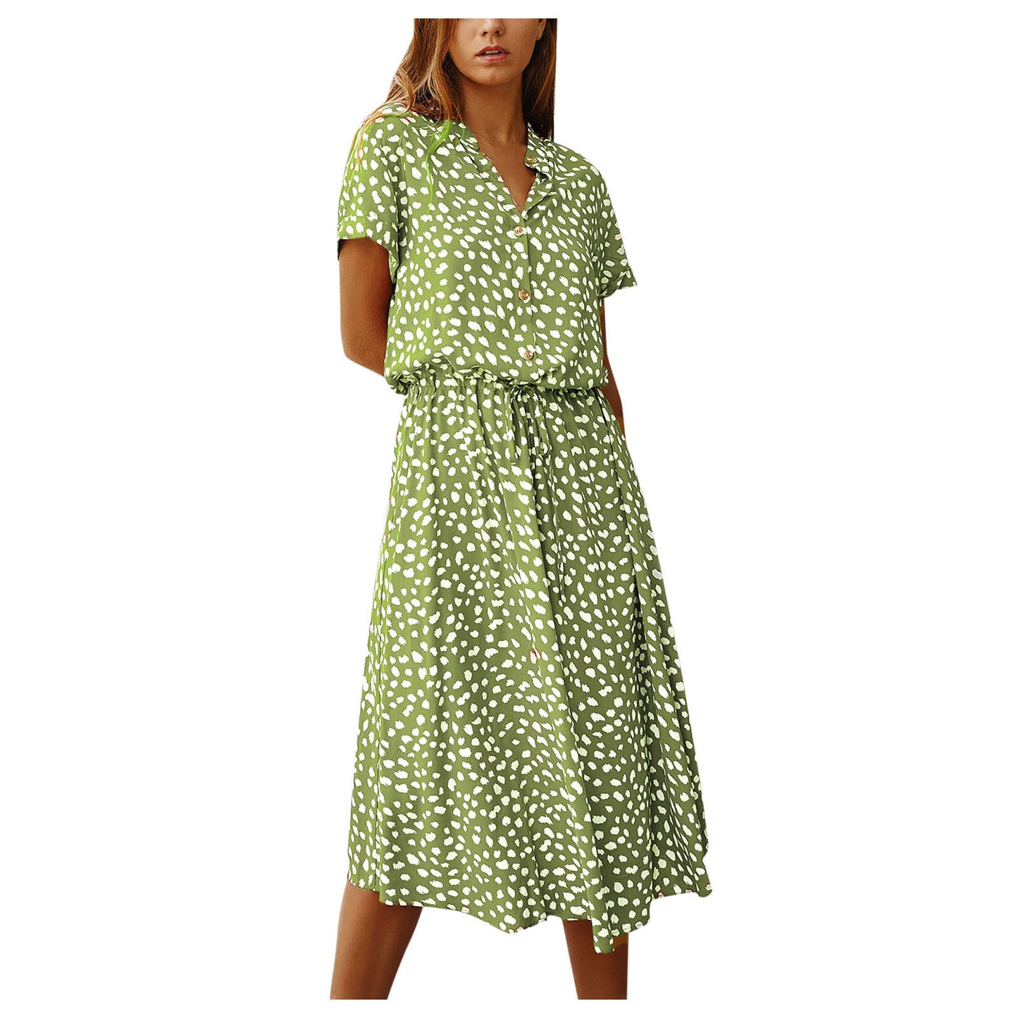 Women's Polka Dot Midi Dress – Slim Fit A-Line Casual Summer Dress with Drawstring Waist