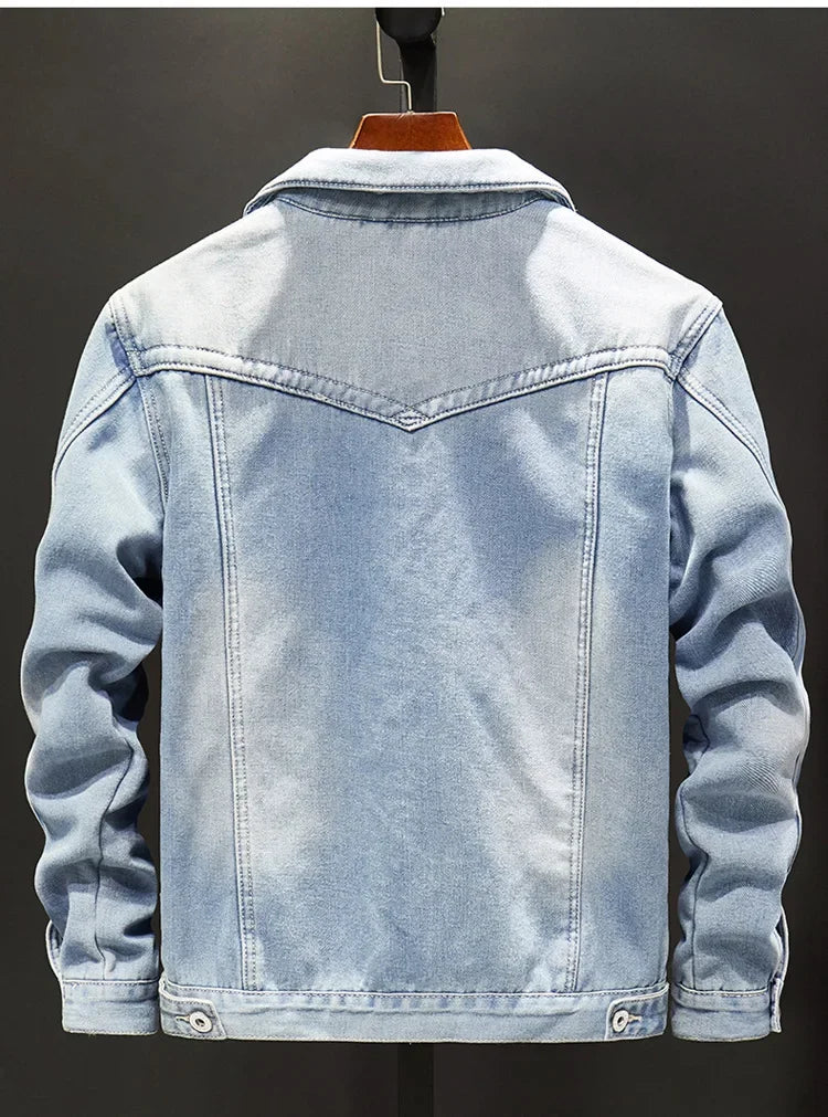 Men's Washed Denim Jacket - Casual Single Breasted Cardigan with Turn Down Collar & Pockets