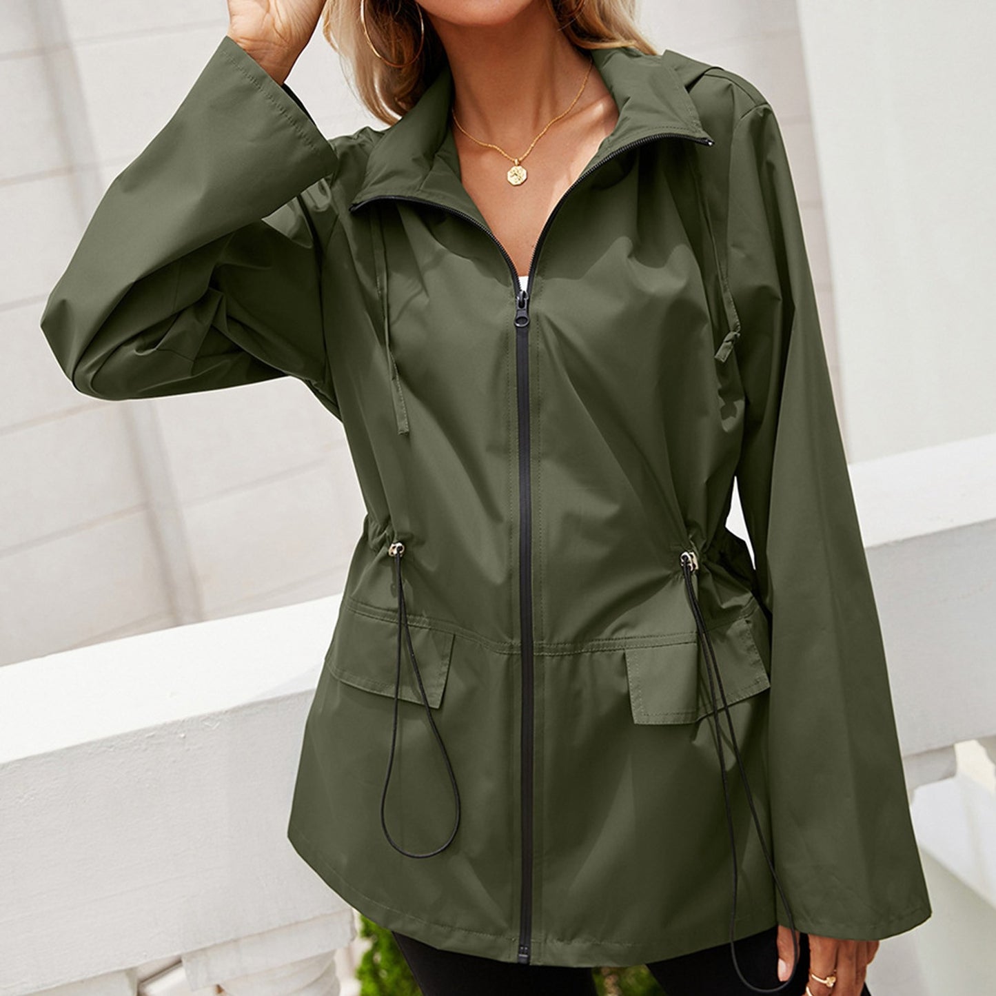 Women's Asymmetric Hooded Windproof Jacket — Plus Size Streetwear Zip-Up Coat with Flare Sleeves