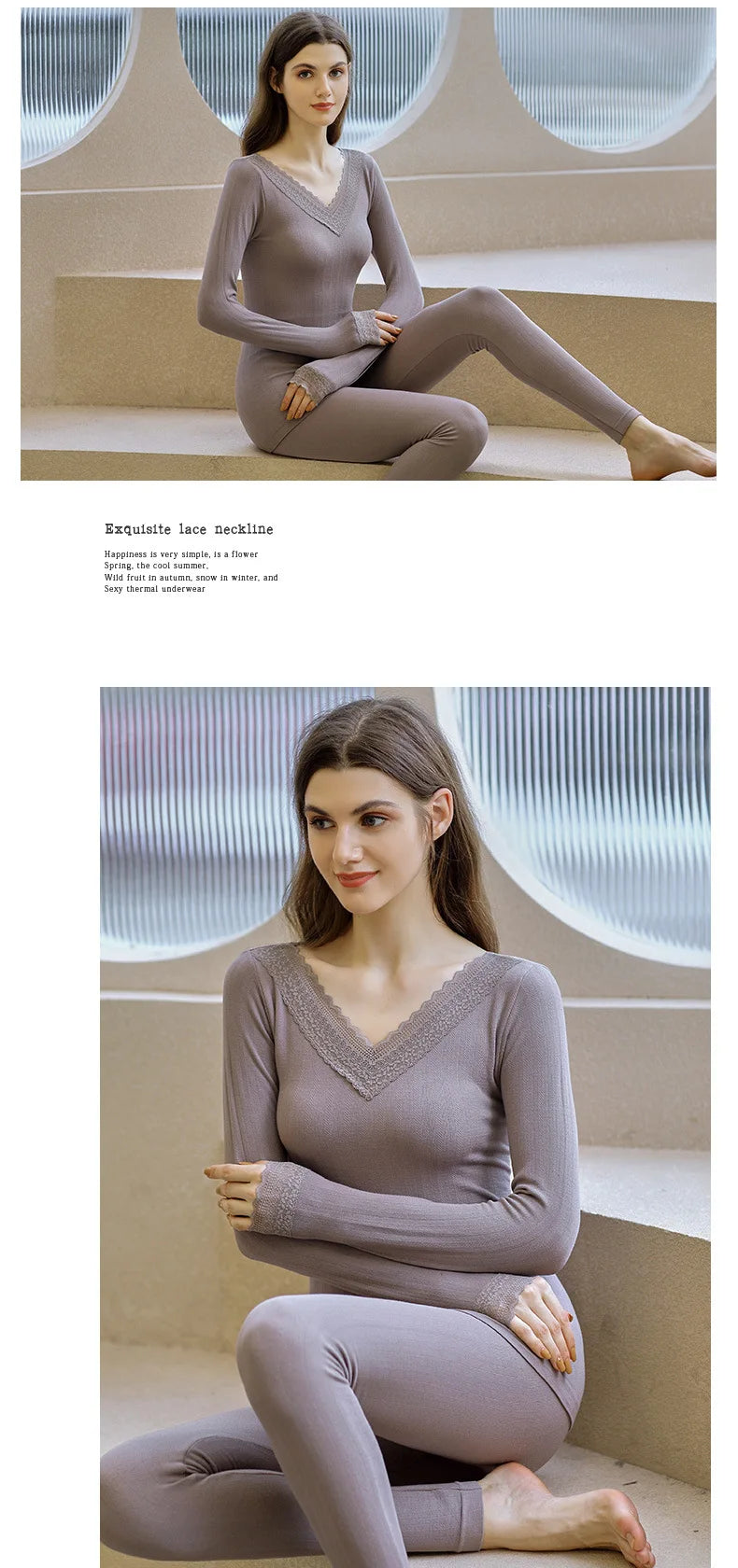 Women's Winter Lace Thermal Underwear Set: Long Sleeve V-Neck Blouse & Slim Fit Pants for Cozy Autumn Style.