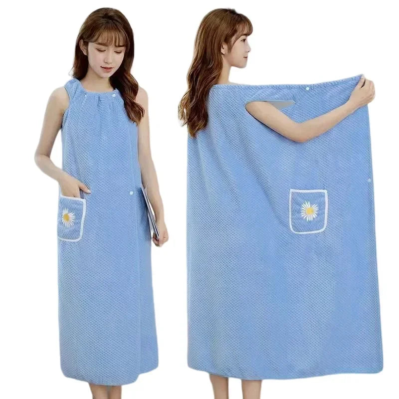 Women's Premium Combed Cotton Bath Wrap - Soft Wearable Towel Robe with Pocket for Home & Spa