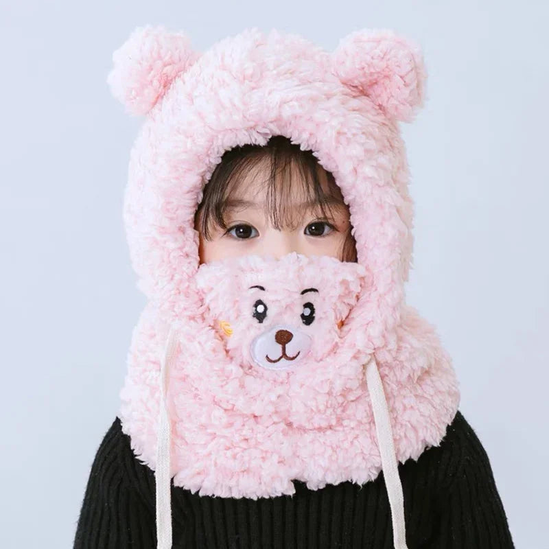 Unisex Kids Bear Ears Hood Hat Scarf Mask - Winter Plush Ear Protection Cap