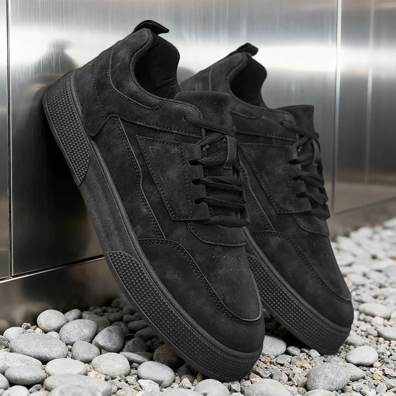 Men's Suede Leather Casual Sneakers – Height Increasing Hard-Wearing Lace-Up Low-Top Shoes | Black, Grey & Beige | Spring/Autumn