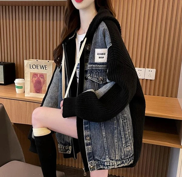 Women's Chic Black Denim Jacket-Winter 2024 Hooded Graphic Outerwear.