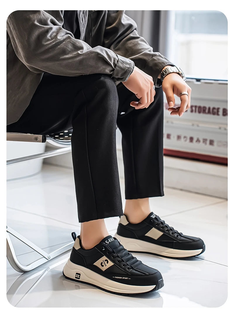 Men's Bonded Leather Lace-Up Casual Sneakers – Breathable Comfort, Non-Slip Rubber Outsole | Fashion Running Style | Black, Beige & Grey | Spring/Autumn