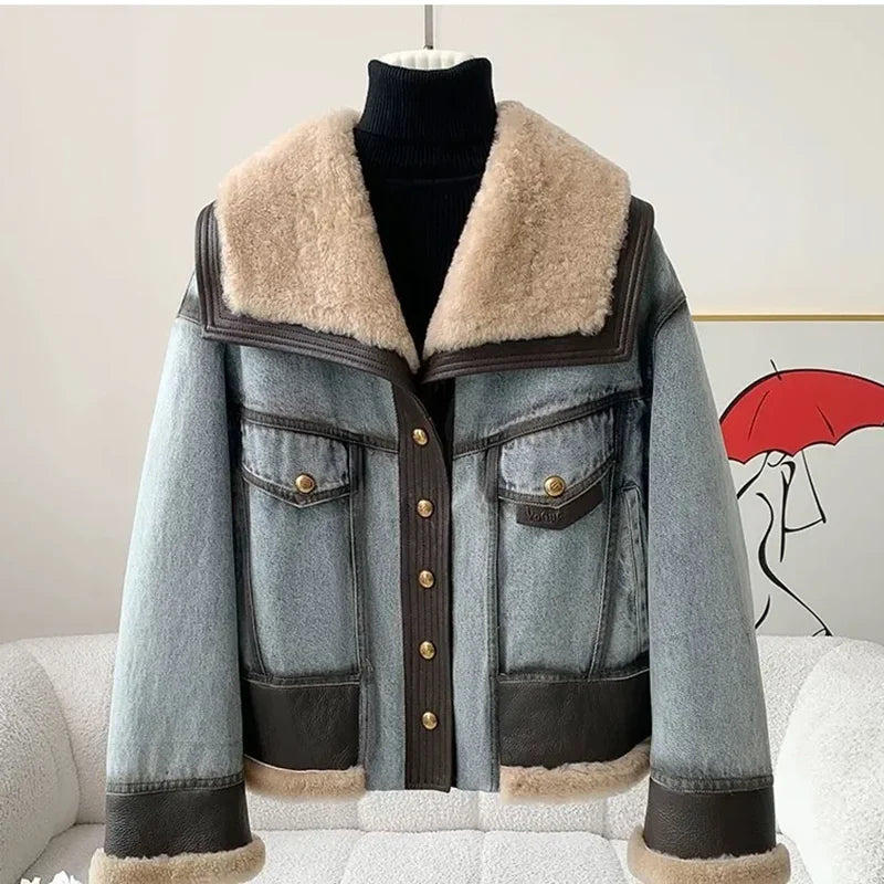Women’s Premium Denim Winter Jacket - Natural Sheep Leather, White Fur Collar & Goose Down Lining