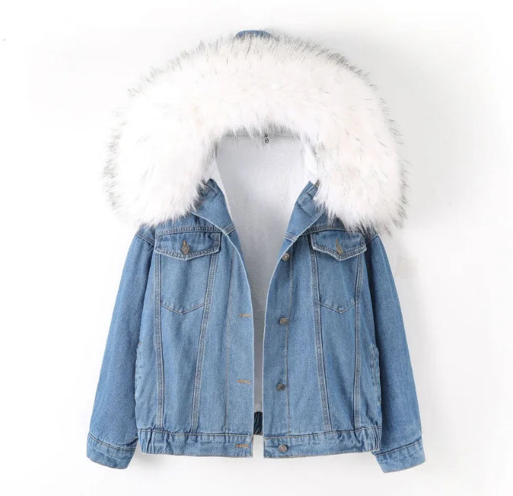 Women's Winter Denim Hooded Coat-Removable Fur Collar, Fleece Lined, Warm Cotton & Polyester Jacket.