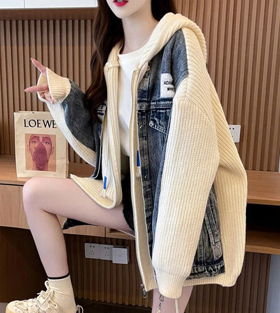 Women's Chic Black Denim Jacket-Winter 2024 Hooded Graphic Outerwear.