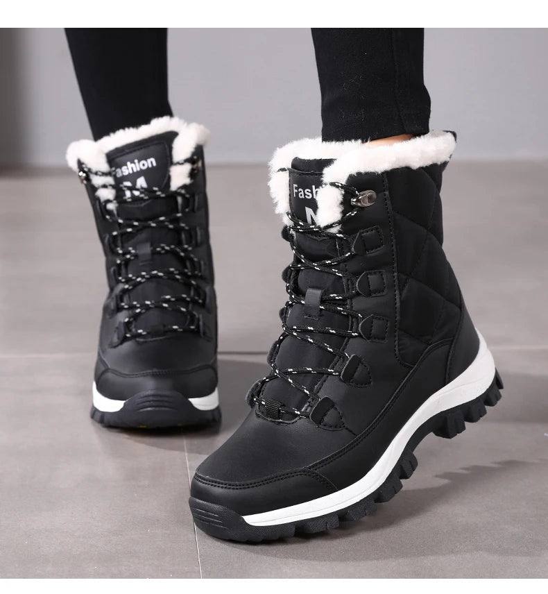 Women's Plush-Lined Waterproof Snow Boots - High-Top Winter Hiking Ankle Boots