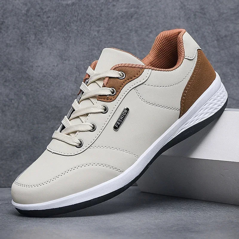 Men's Two-Tone Leather Casual Sneakers — Lightweight Lace-Up Stitching Walking Shoes | EVA Sole Non-Slip Street Style Trainers for Spring & Autumn
