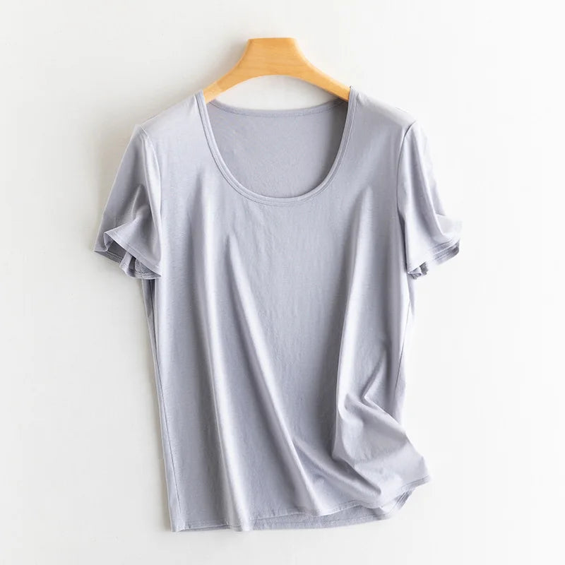 Eesswel Women's V-Neck Silk-Blend T-Shirt | Soft Breathable Summer Tee | Casual Short Sleeve Solid Top – Multiple Colors