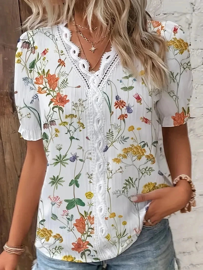 Women's Floral Lace V-Neck Blouse | Short Sleeve Summer Top
