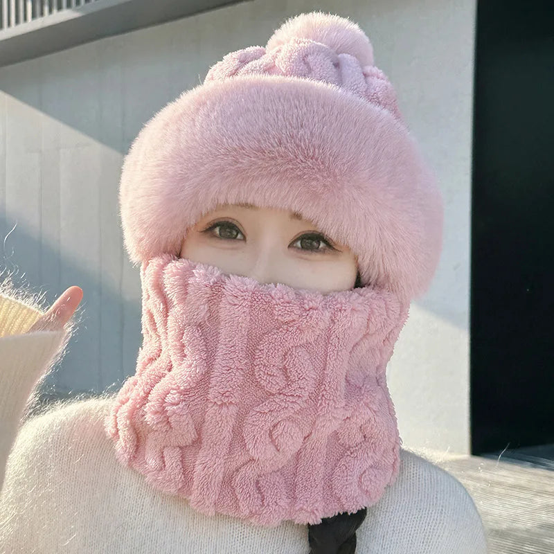 Women's Winter Pom Pom Beanie Hat Scarf Mask - One-Piece Fleece Bonnet