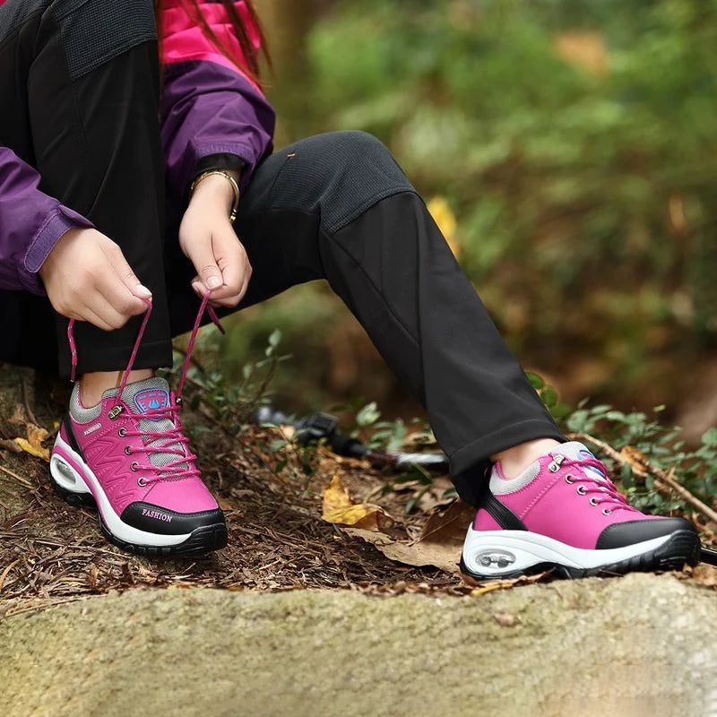 Women's Air Cushion Platform Sneakers - Waterproof Breathable Outdoor Athletic Shoes - Comfortable Lace-Up Hiking Sneakers