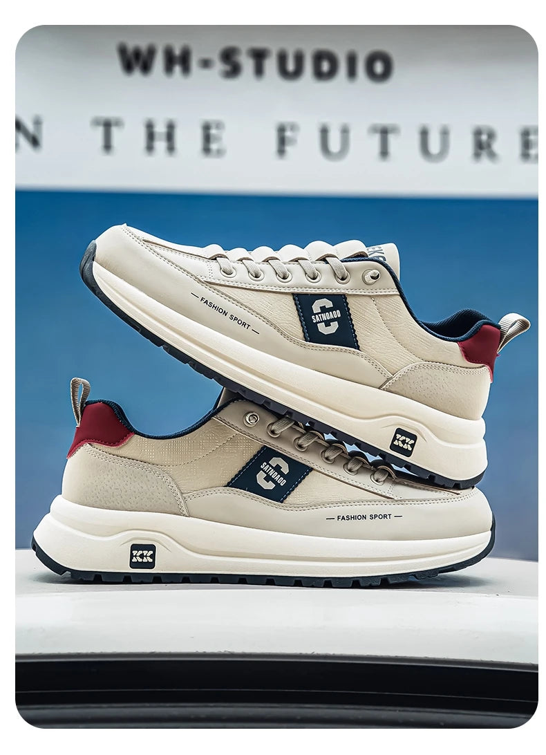 Men's Bonded Leather Lace-Up Casual Sneakers – Breathable Comfort, Non-Slip Rubber Outsole | Fashion Running Style | Black, Beige & Grey | Spring/Autumn