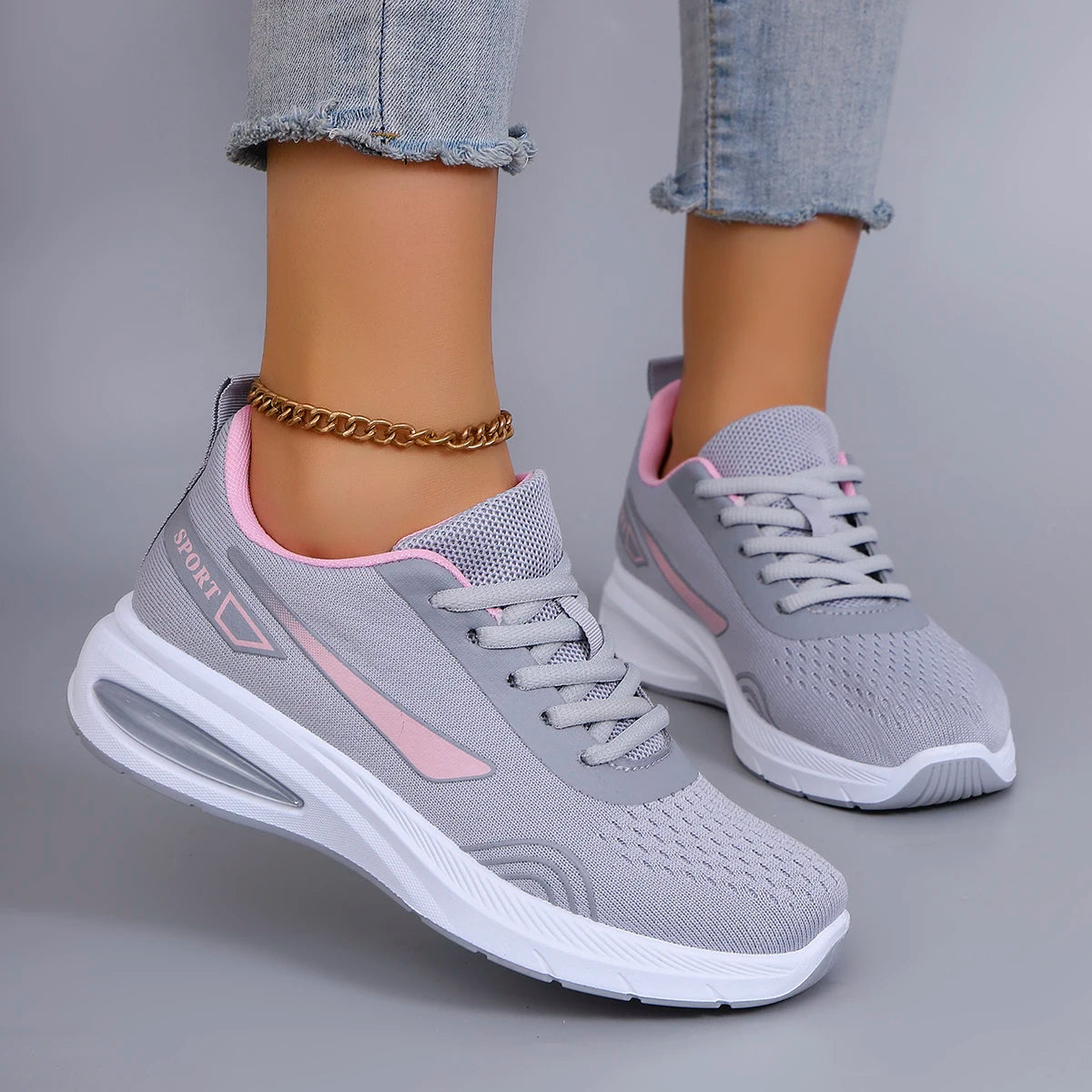Women's Air Cushion Lace-Up Sneakers – Breathable Mesh Color-Block Running Style Shoes with Rubber Sole
