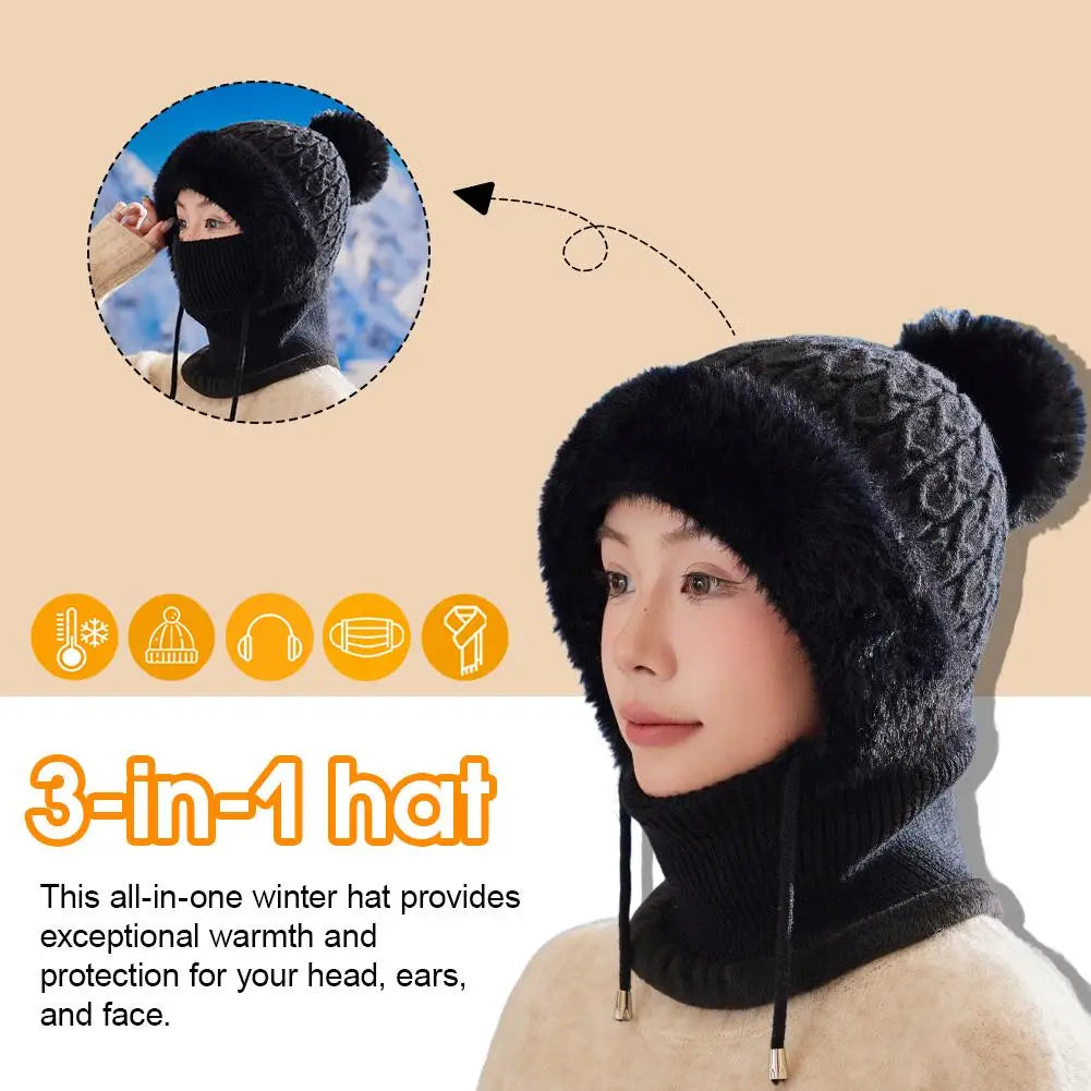 Women's 3-in-1 Winter Beanie Scarf Mask Set - Windproof Plush-Lined Faux Fur
